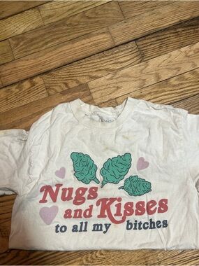 Spencer's White "Nugs and Kisses" Graphic Tee with Mint Green Print